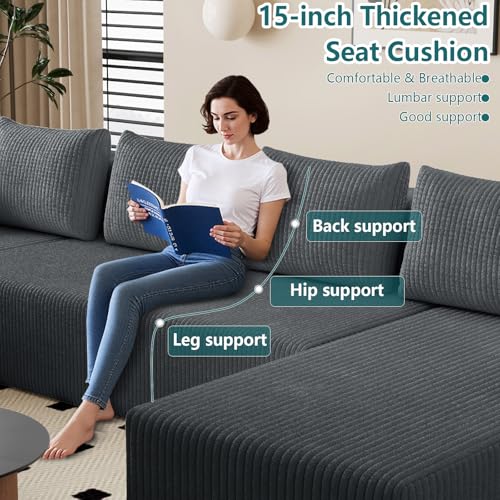 Image of 142 inch U-Shape Cloud Couch, Modern Modular Sectional U-Shape Sofa, Corduroy Boneless Couch Upholstered Couches Deep Seat Sleeper Chaise Longue for Living Room, No Assembly Required,Dark Gray
