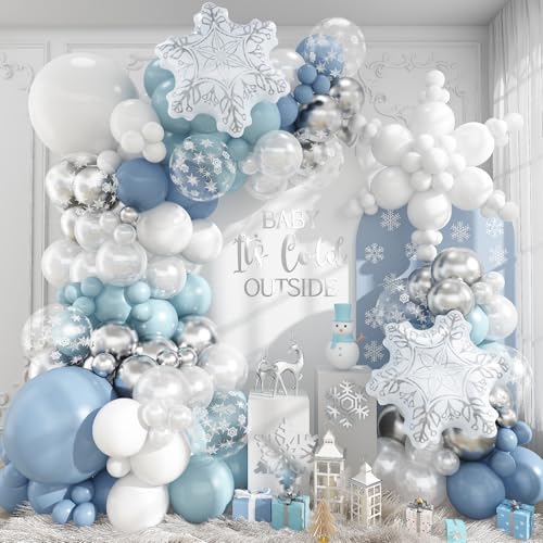 120PCS Winter Wonderland Balloon Arch Garland Kit Dusty Baby Blue Slate Blue Silver White Snowflake Foil Balloons for Winter onederland Christmas Baby Shower Snow Princess Birthday Party Decorations