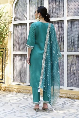 Image of VredeVogel Women's Silk Blend Embroidered Kurta with Pant & Organza Dupatta Set