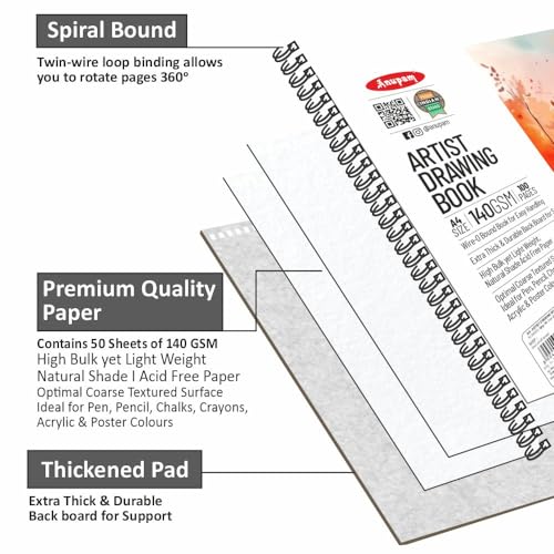 Image of Anupam Artist Drawing Book for Sketching with Cartridge Paper for Sketching Wiro Binding 140GSM 50 Sheets, 100 Pages for Artists, Kids & Professionals for Marker Colored Pencil Pastels (A4 Size)