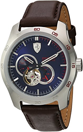 Ferrari Men's Primato Stainless Steel Japanese-Automatic Watch with Leather Calfskin Strap, Brown, 19