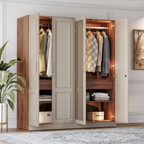 Image of Wakefit Tyrian Plus 4 Door with 4 Shelves 2 Drawers 2 Hanging Areas 1 Mirror SH1-Carcass: Columbian Walnut Shutter: Creamy Brown