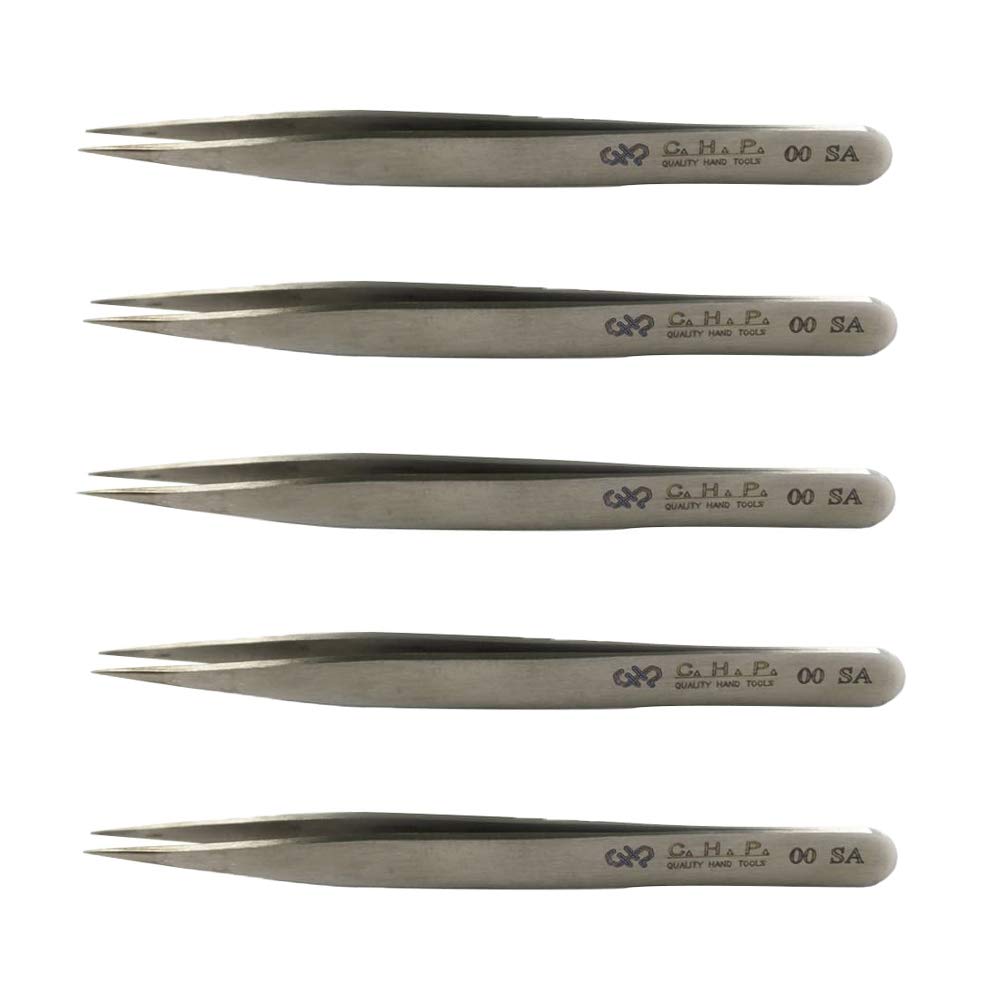 Hakko CHP 00-SA - Pinzas de punta fina, rectas, puntas planas, acero inoxidable no magnético, resistente a la corrosión, agarre suave, 4-1/2 pulgadas de longitud (paquete de 5)