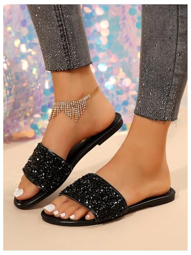 GORGLITTER Women's Sparkly Flat Sandals Strappy Slip on Open Toe Slide Sandals Lightweight Slippers3