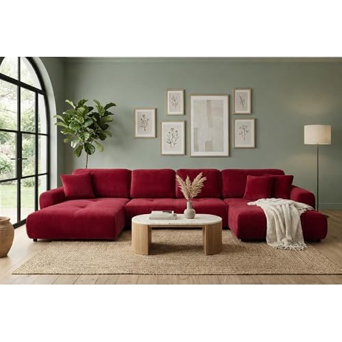 Tendencio Canapé d’Angle panoramique Convertible Binigia U XL 6 Places – Tissu Velours - 380 cm (Rouge)
