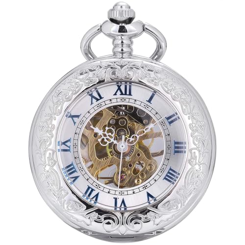 Image of ManChDa Pocket Watch Retro Smooth Classic Mechanical Hand-Wind Pocket Watch Steampunk Roman Numerals Fob Watch for Men Women with Chain + Box