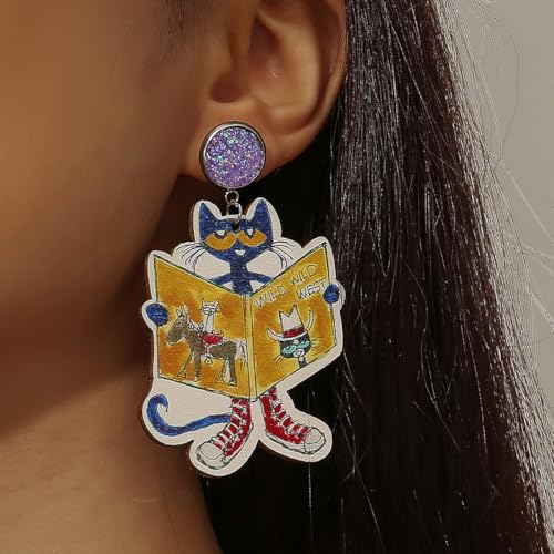 Wood Teacher Reading Earrings, Cute Cat Read Book Stationery Pencil Book for Teachers Student, Back-to-School Graduation Thanksgiving Jewelry Gift4