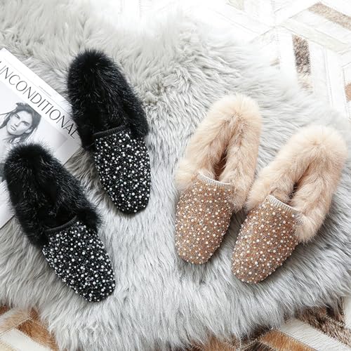 Women's Rhinestones Fuzzy House Slippers Sparkly Bow Fur Lining Warm Slip-on Loafer Pearl Square Toe House Bedroom Slides Slippers4