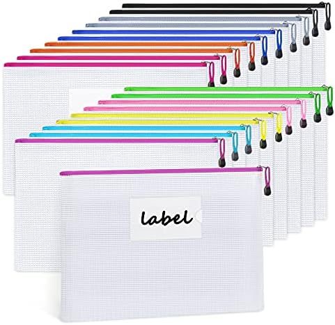 Sooez 20 Pack Zipper Pouch, Mesh Zipper Pouch with Label Pocket, Durable Pouches for Organization, Board Game Storage, Zipper Bag Waterproof, Document Bag Letter/A4
