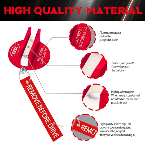 Image of DEDC Universal Pinch Weld Jack Pad 2 Pcs Red, Magnetic Aluminum Jacking Puck Frame Rail Protecotr with 2 Reminder Streamers Compatible, Garage Accessories for Mechanics