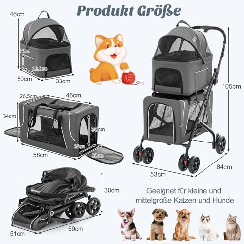 COSTWAY 3 in 1 Hundewagen, Hundebuggy 2 Etagen mit Netzfenstern & Taschen & Polstern, Oxford & Metall, Haustiere Buggy bis 16 kg, Hundebox Transporttasche klappbar, für Hunde Katzen Haustiere, Grau