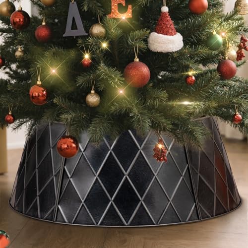Lanpn Metal Christmas Tree Collar 48 inch, Christmas Tree Ring Collar for Large L 12 ft - 15 ft Xmas Stand Cover Real Artificial Trees Indoor Outdoor Decoration (Black, Diamond)