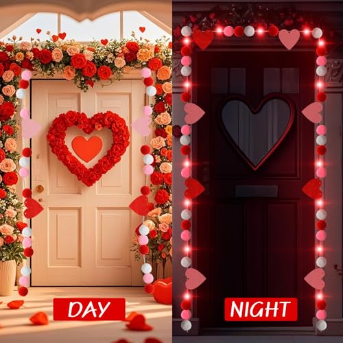 Image of 2 Pcs Valentine's Day Heart Felt Banner with LED Lights Red Pink White Heart Felt Banner Pom Pom Ball Garland Valentine's Day Heart Pompom Hanging Garland for Indoor Home Party Favors