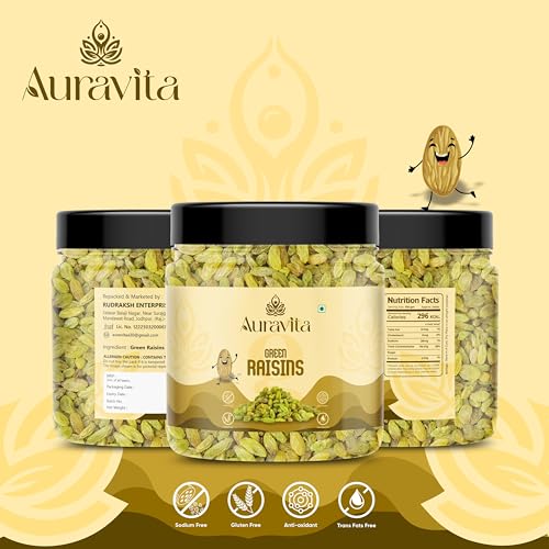 Image of Auravita Healthy Green Raisins 100GM | 100% Natural Dried Grapes (Kishmish) | Nutritious, Delicious & Healthy Snack | Source of Fibre in Nuts | No Preservatives in Dry Fruit
