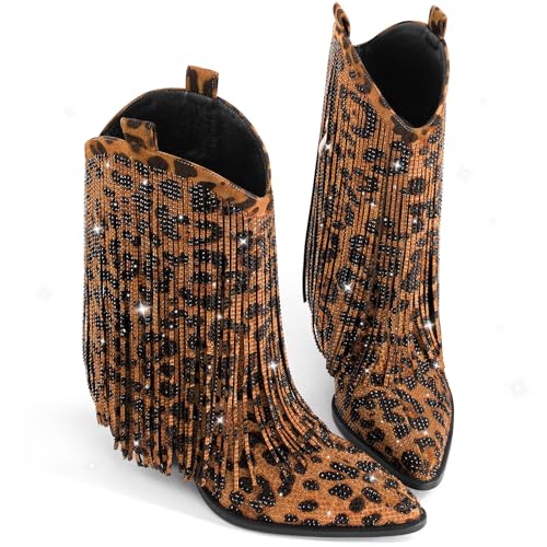 Image of Ouepiano Cowboy Boots for Women - Cowgirl Rhinestone Boots with Sparkly Fringe Pointed Toe Western Boot Chunky Heel Pull-On Wide Calf Botas Vaqueras