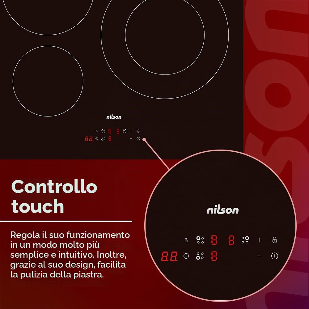 Nilson Placa de Inducción Cristal negro NI3600. Potencia máx. 7200 W, 3 Zonas de Cocción, 1-9 Niveles de Cocción, Control Táctil, Función Turbo, Bloqueo y Autodesconexión de Seguridad