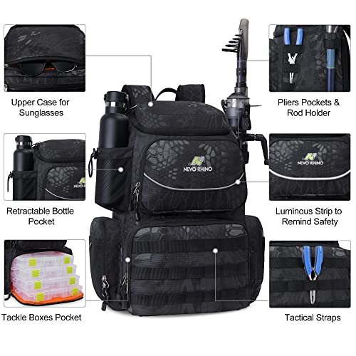 N NEVO RHINO Fishing Tackle Backpack with Rod Holders, 4 Tackle Boxes, 40L Large Storage Waterproof Fishing Bag for Fishing - Image 4