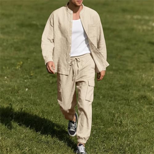 Men's Fashion 2 Piece Linen Shirts Suit Long Sleeve Button Down Matching Set Casual Beach Outfits2