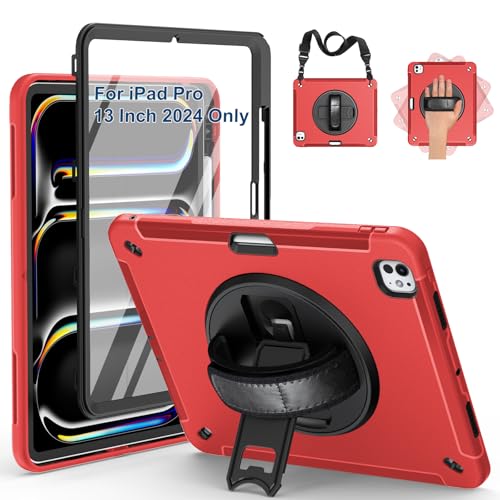 SUPFIVES Custodia per iPad Pro 13 pollici 2024 (7a generazione), custodia protettiva militare antiurto in TPU con protezione dello schermo/tracolla/portamatite/maniglia/supporto rotante, rosso