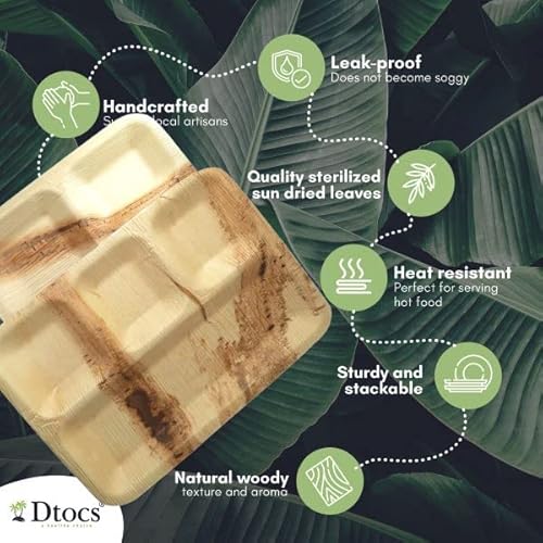 Dtocs Compostable 4 Compartment Plates (50 Pcs) Palm Leaf Plate 11X9 Inch School Lunch Tray, Portion Plates | Bamboo Plate Look 4 Section Plates Sturdy Than Heavy Duty Paper Plates, Styrofoam Plates #TOP3