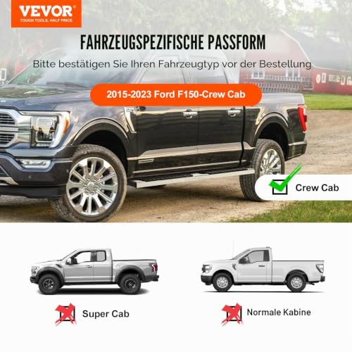 VEVOR 6-Zoll-Trittbretter Kompatibel mit 2015-2023 Ford F150-Crew Cab/2017-2023 Ford F-250 F-350 Super Duty Crew Cab, 201 Edelstahl-Seitentrittbretter, 227 kg Kapazität, 2-teilig