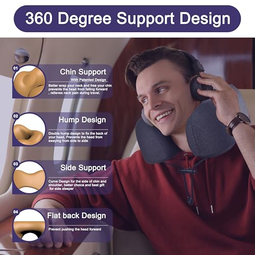 napfun Travel Pillow, Travel Accessories & Travel Essentials for Airplane Upgraded 100% Pure Memory Foam Travel Neck Pillow for Flight Headrest Sleep, Portable Plane Necessities, Full Black
