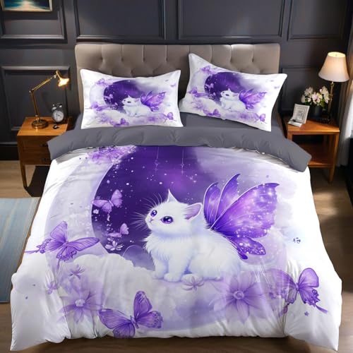 Funda nórdica Cama 150 Gato de ensueño y Mariposa Morada Funda edredón 220x240 cm Cremallera Microfibra Suave, Juego de Ropa de Cama 3 Piezas Ideal para Dormitorio Adulto