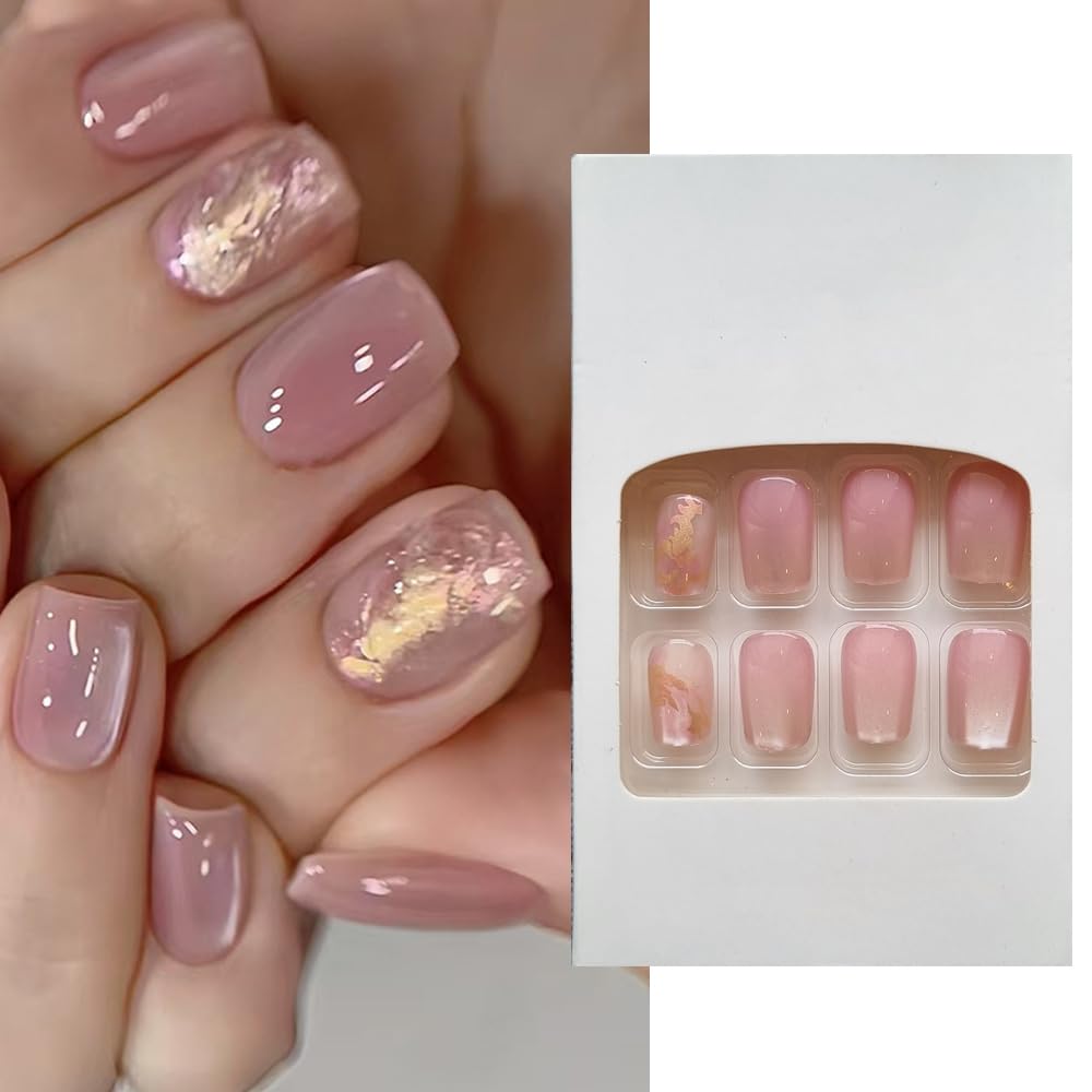 S.A.V.I 30 Pcs Pink Cat’s Eye Press-On Nails | Medium Coffin Shape Fake Nails with Marble Foil Design | Glossy Reusable Nail Tips for Women & Girls | With Adhesive Tabs & Nail Glue-image-30