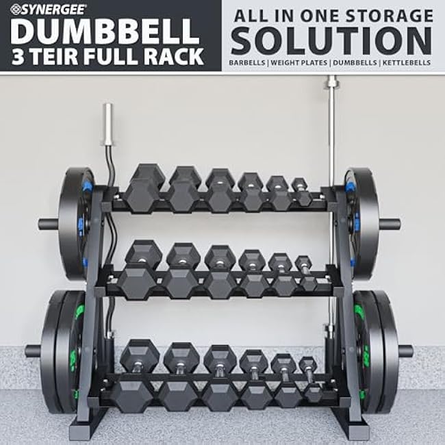 Synergee 3-Tier Dumbbell Storage Rack with 2 Barbell Holders and 4 Weight Plate Pegs, Featuring 2-Tier Dumbbell Storage and 3rd Tier for Kettlebell Storage ¨C Accommodates 1 and 2 Plates ¨C All-in-One