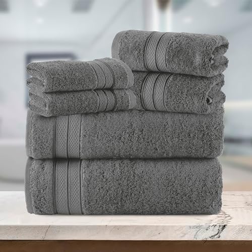 Image of Elegant Comfort Luxury 6-Piece Towel Set, Premium Soft 100% Turkish Cotton, Three Line Popcorn Design 2 Bath Towels, 2 Hand Towels and 2 Washcloths Towel Set- Quick-Drying and Absorbent, Charcoal Gray