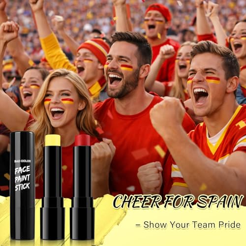 Image of BADCOLOR Spain Red Yellow Face Body Paint Stick Set, Oil Based Sports Fan Makeup Stick, Waterproof Sweatproof Cream Face Paint for Football, Rugby, Softball, Baseball, Lacrosse, Sports Accessories