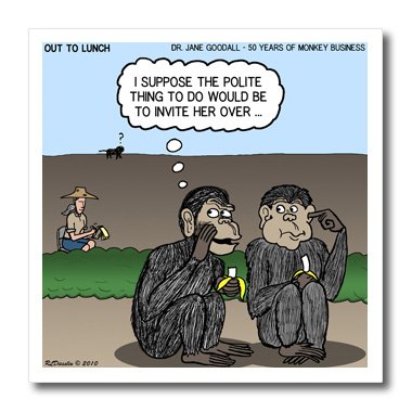 3dRose Dr. Jane Goodall's 50th Anniversary at Gide-Civilized Monkey Invitation-Iron on Heat Transfer, 10 by 10", for White Material (ht_5294_3)