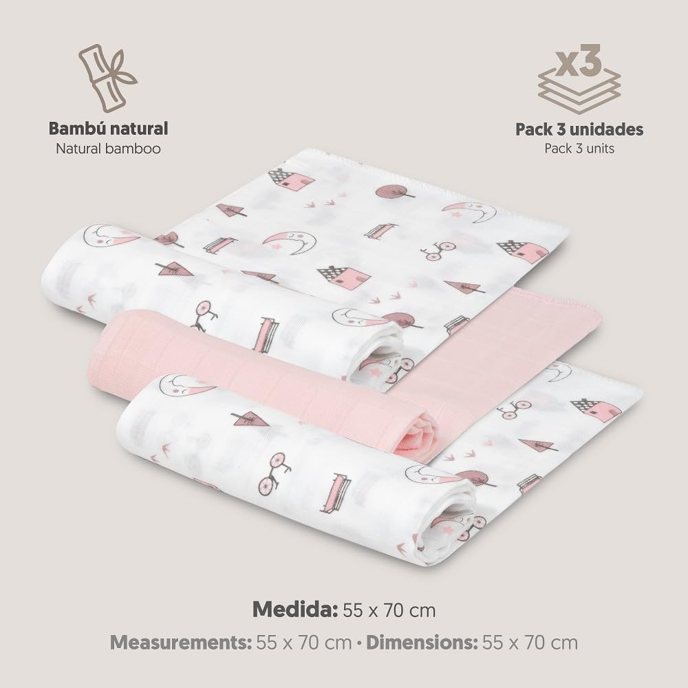 INTERBABY Set di 3 Mussole di Bambù MOON rosa per neonati 55x70 cm