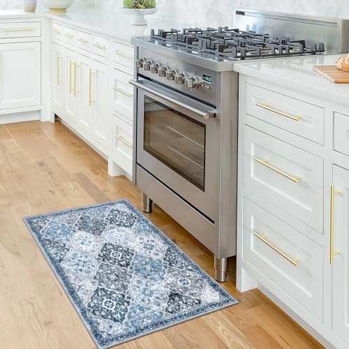 KILOCOCO 2x3 Area Rug, Moroccan Super Soft Entryway Rugs Indoor Vintage Washable Rug Non-Slip Indoor Door Mat, Accent Print Faux Wool Throw Rug for Laundry Kitchen Bedroom Entrance, Blue/Multi