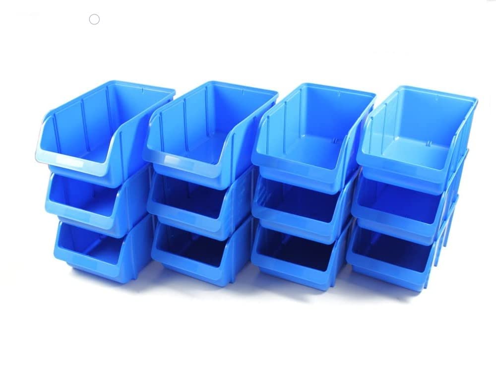 12 scatole a vista impilabili in polipropilene PP, misura 4, resistenza ai grassi, resine, alcali, oli e acidi, impilabili, blu, 207 x 155 x 332 mm, per officina, garage magazzino 1099290