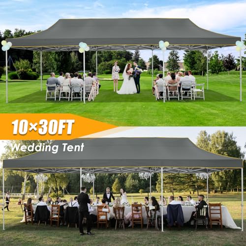Image of HOTEEL 10x30 Heavy Duty Pop Up Canopy Tent, Commercial Instant Canopy for Party Wedding Event, Waterproof UV 50+ Windproof Outdoor Tent, Upgraded Thick Hexagonal Legs Canopy with Wheeled Bag, Gray