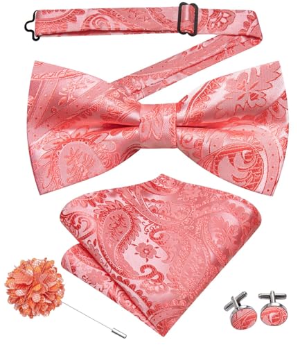 Image of Hi-Tie Bow Tie Men Pre Tied Bowtie Pocket Square Cufflinks Lapel Pin Formal Wedding Bow Ties for Men Party Tuxedo Bowtie Set,Coral Pink Paisley Floral