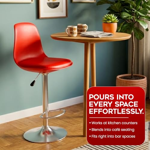 Image of DIYA Seating Solutions 360 Revolving Adjustable Height Bar Stool Chair with Chrome Metal Base & Footrest for Kitchen, Dining, Cafe | 1 Year Warranty | Leatherette Upholstery- Red (Pack of 4)