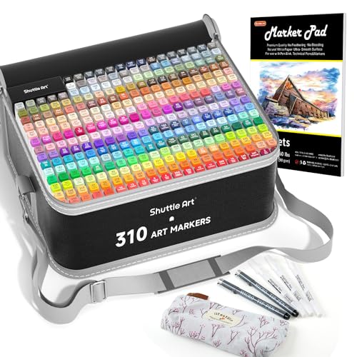 Shuttle Art 310 Colors Alcohol Markers 309 Colors Dual Tip Art Marker Set Plus Colorless Blender Micro-tip Pens White Highlighter Pens Marker Bag with Holders Perfect for Students Adults Coloring