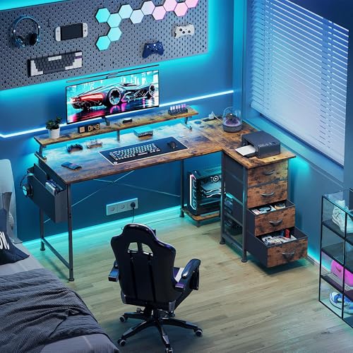 Image of VERMESS 63 inch Reversible L Shaped Gaming Computer Desk, Corner Desk with Power Outlets & Monitor Stand, Writing Study Table with 4 Storage Drawers, Desk with LED Lights, Rustic Brown