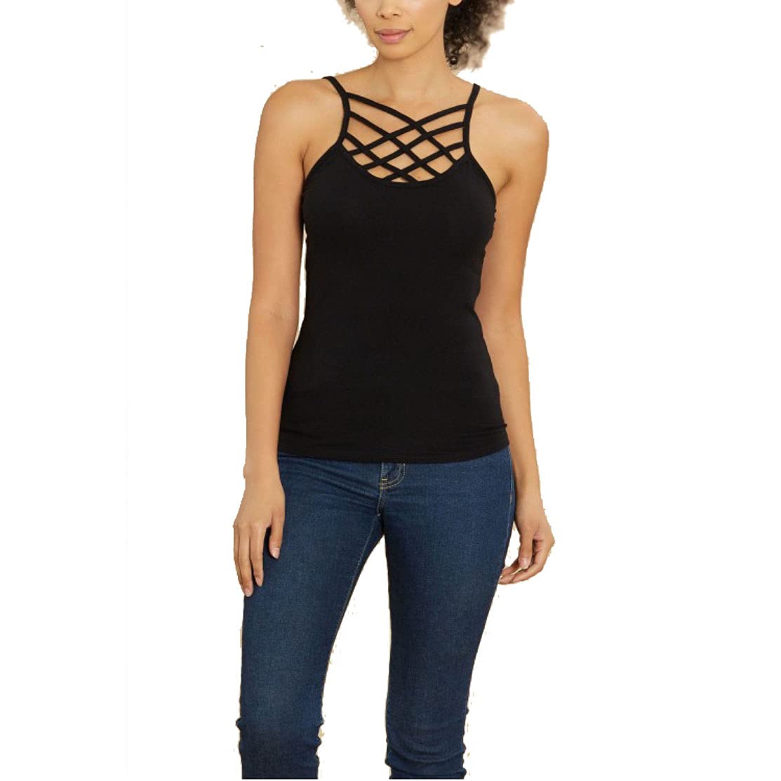 X-tra Strappy Cami Criss Cross Front Top Multi Straps Lattice Tank Top w/Adjustable Spaghetti Straps