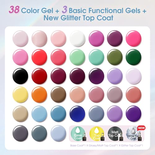Image of ROSALIND 42 Pcs Gel Nail Polish Set, 38 Colors All Seasons Nail Polish Set Colorful Begginer Kit with Base Coat & Glossy /Matte /Glitter Top Coat, Gel Nail Art Manicure Salon DIY Gifts