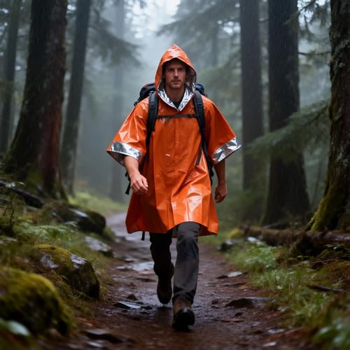 4-Pack Emergency Survival Kit,Camo Emergency Blankets(2) + Orange Emergency Ponchos(2), Waterproof & Thermal Insulated PE & Mylar Gear for Camping, Hiking, Disaster Preparedness - Image 6