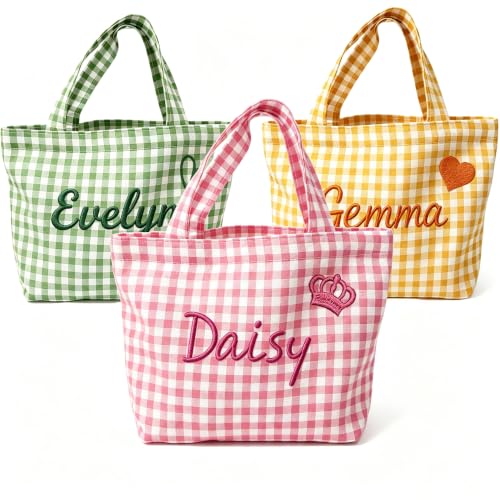 KEQHAULI Custom Embroidered Gingham Tote Bag Personalized Plaid Shoulder Handbag...
