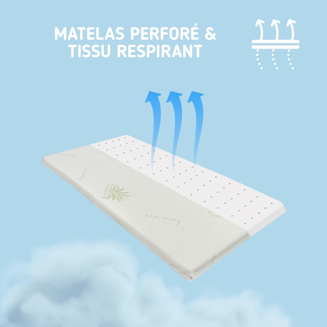 Kiby® Matelas pour lit Parapluie (certifié Oeko-TEX® & CERTIPUR™) en Aloe Vera, Enroulable de 4 cm d'epaisseur