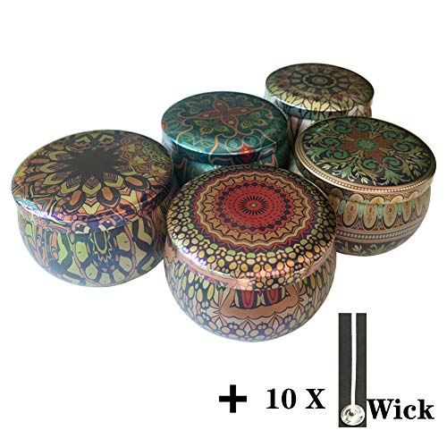 5 PCS Candle Making Kits, Empty Metal Candle Tin Jar Container(5.5 oz), Retro European Style for DIY Candle Starter, Candy Case Container for Thanksgiving Christmas Festival + 10 Pcs Wicks (pattern 2)