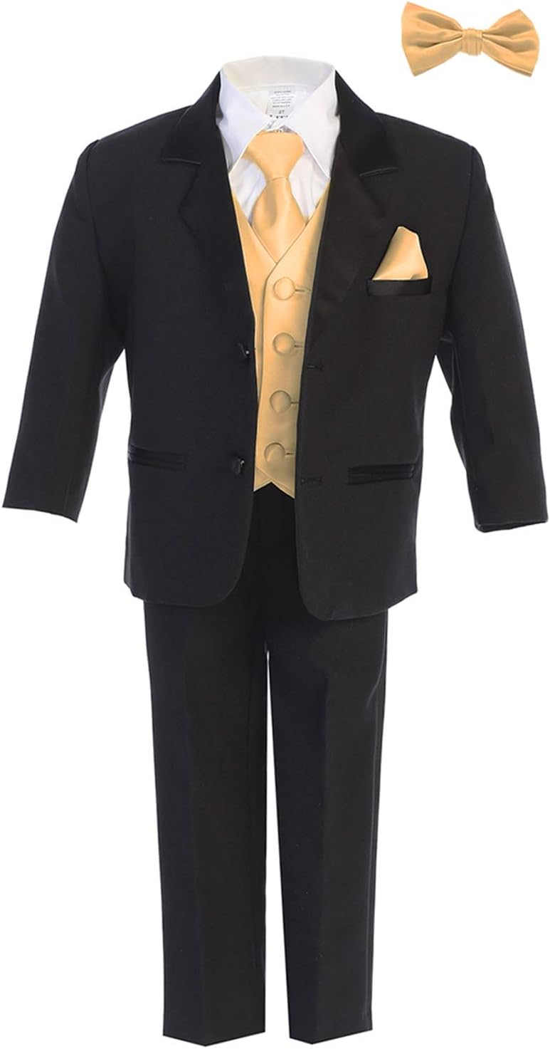 Boys Tuxedo Suit Black with Gold Vest - Toddler Tuxedo for Wedding and Communion - Modern Fit (Size 6)