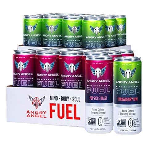 Angry Angel Popsicle Blast & Strawberry Kiwi Natural Energy Drink - (24 count) Mixed Pack - Zero Sugar - CoQ10 - Important B Vitamins - 12 oz Cans Cover