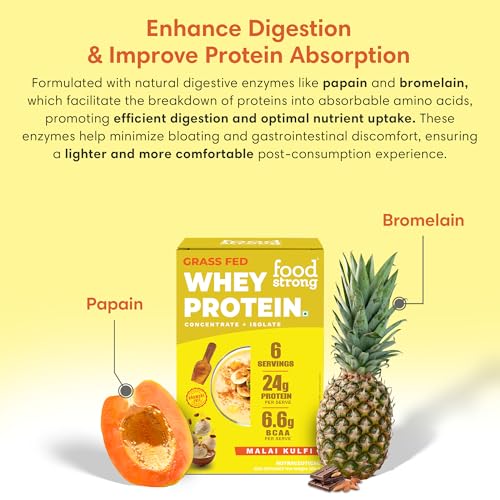 Image of Foodstrong Whey Protein Powder (Concentrate + Isolate), 100% Hormone Free Grass-Fed Whey, 24G Protein & 6.6G BCAA, Malai Kulfi, With Turmeric & Digestive Enzymes, 6 Sachets, 210G
