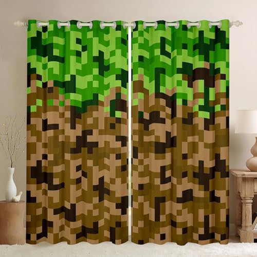 Miners Style Square Grid Window Curtain,Brown Green Army Camo Curtains for Kids...